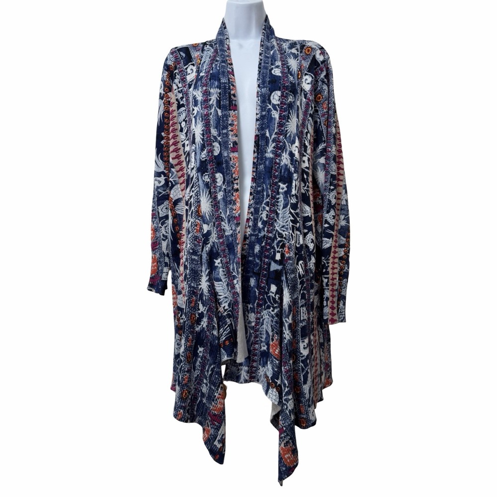 Desigual Santorini Floral Open Front Long Cardigan Size XXL Navy Art To Wear